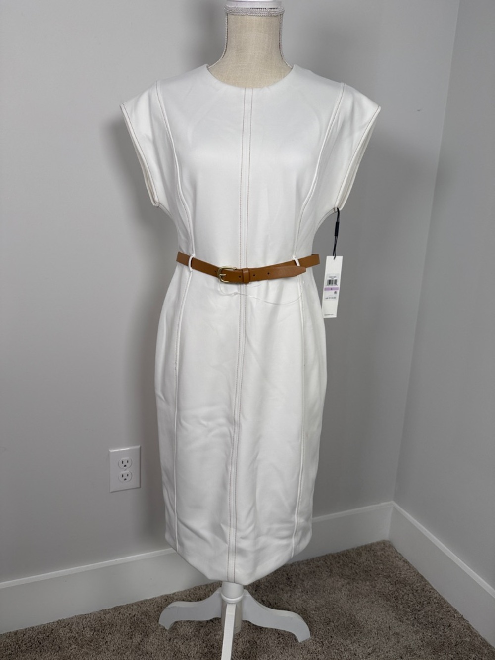 Calvin Klein White Midi Sheath Dress with Tan Belt